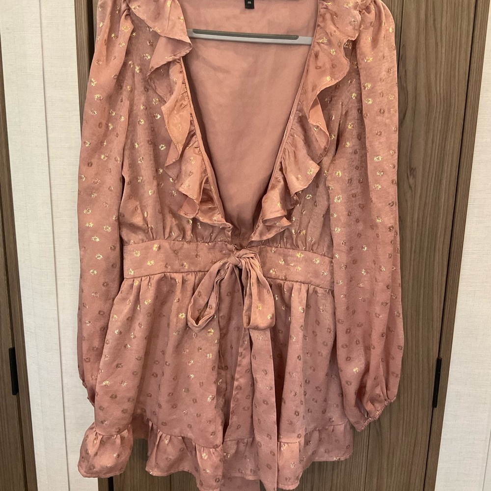Aeom Womens Long Sleeve Pink/ Gold Ruffled Open Front Blouse W/ Tie Belt Size M